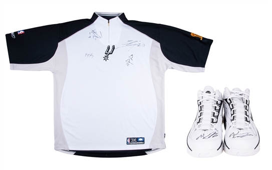 Lot of (2) San Antonio Spurs Signed Items Including Manu Ginobli Sneakers and NBA Finals Shooting Shirt Multi-Signed by Ginobli and Parker (JSA)